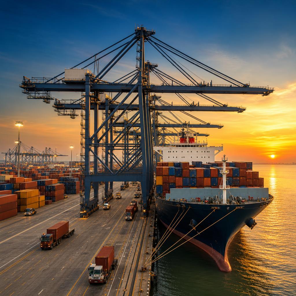 Container ship and gantry cranes at a port terminal at sunset